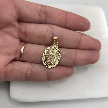 18K Gold Layered Oro Laminado Texturized Our Lady of Guadalupe Medal Pendant 31.0065